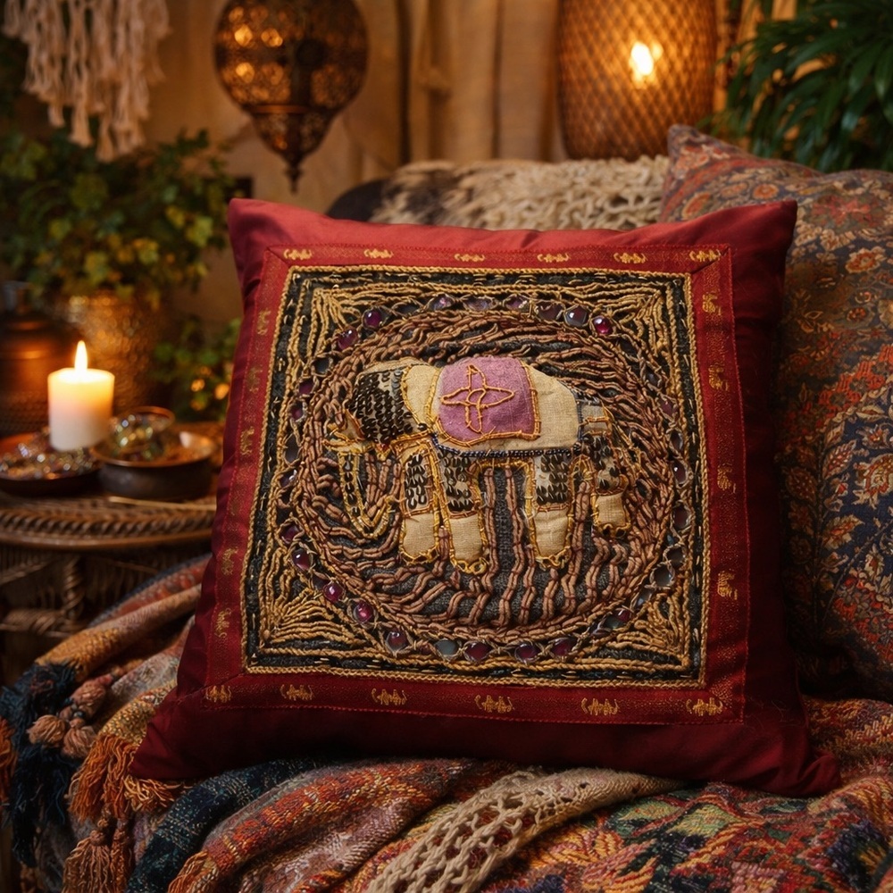 Vintage Boho Elephant Embroidered Pillow Beaded Textile 15”
